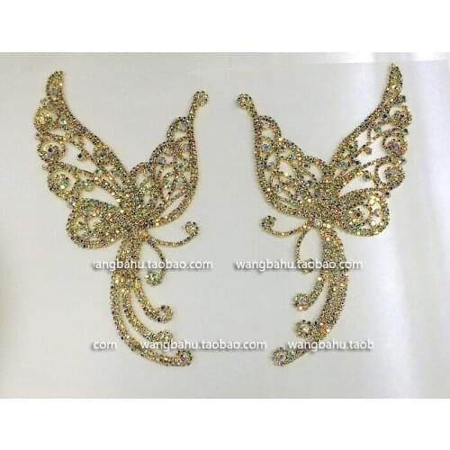 Free shipping one pair/lot AB rhinestone gold metal applique butterfly sewing-stone for gown coat clothing garment accessory