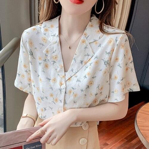 2021 Summer Fashion Elegant Flower Womens Shirt V-Neck Button Chiffon Tops Ladies Blusas Female Dropshipping white blouse 0620