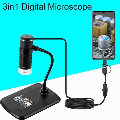 3 in 1 USB Digital Microscope Type-C Electron Microscope Camera 8 LED lights, 1000X adjustable, with bracket