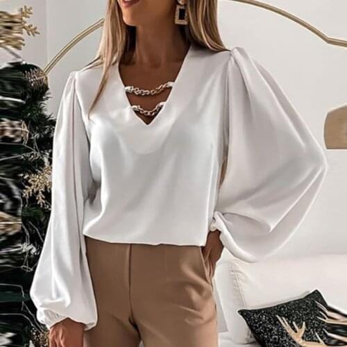Elegant V Neck Metal Chain Lady Tops Fashion Solid Color Long Sleeve Woman Shirts Autumn Loose Casual Office Work Female Blouses