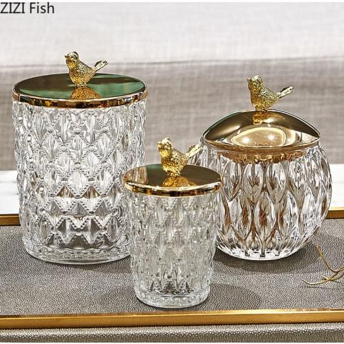 European Crystal Glass Storage Jar Snack Candy Jar Golden Bird Multifunctional Storage Jar Cabinet Desktop Furnishings Decor New