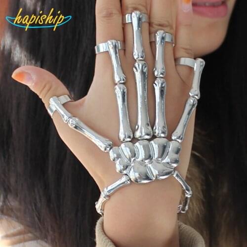 Hapiship 2017 Fashion Style Halloween Hand Skull Skeleton Elastic Bracelet Bangle + Rings RCH Cool Free Shipping