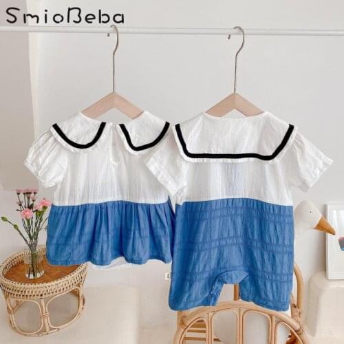 0-2 Years Infant Patchwork Bodysuits One Piece Climbing Suit Summer Twins Brother And Sister Dress Lovely Toddler Girl Romper