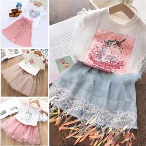 2020 Summer girls suit girls short sleeve Unicorn top Denim skirt Fringe two piece set Ball Gown Dress 2pcs Clothing Sets 2-7Y