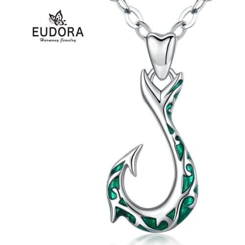 EUDORA Fashion Fish hook Pendant Necklaces Green Enamel Charm Necklace For women birthday best Gift good luck jewelry with box