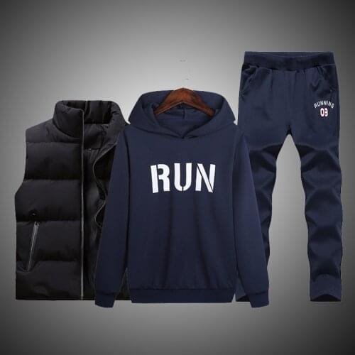 Mens Winter Tracksuits Casual Sportswear Sweatshirts Mens Set 3 Pieces Warm Vest Sweatpants Hoodie Letter Printed Plus Hoodie