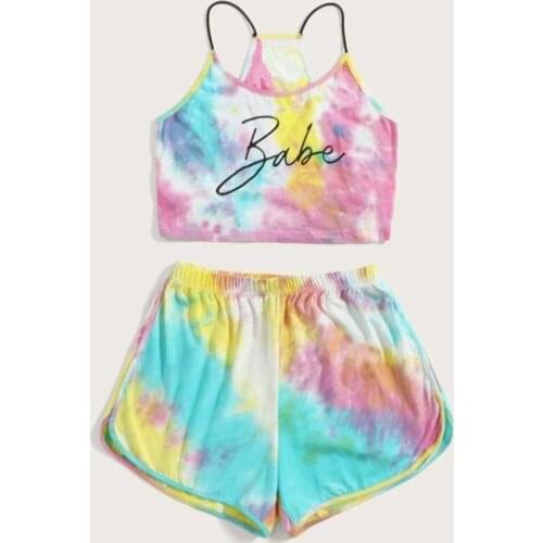 New Tie Dye Letter Print Two Piece Set Women Suspender Plus Size Casual Loose Jogging Tracksuit Sport Set Sexy Shorts Suits 2021
