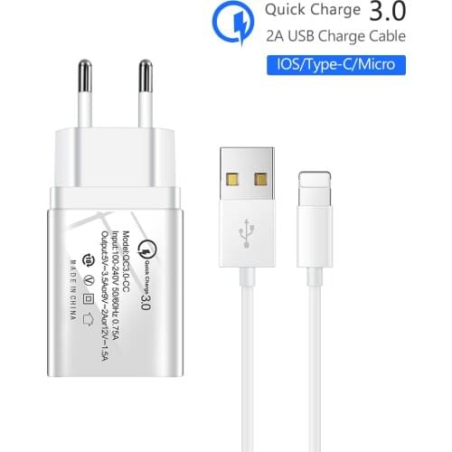 Single Usb Quick Charge 3.0 Charger Wall Fast Charging + Chagre Cable For Samsung Xiaomi Mi Huawei Mobile Phone Chargers Adapter