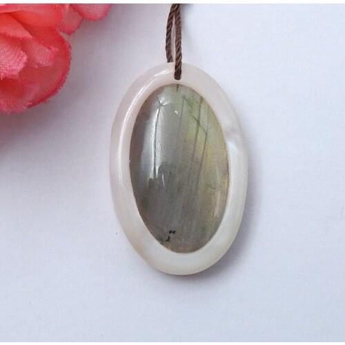 Semiprecious Gemstone Natural Pink Shell and Shimmer Labradorite Intaisia Pendant Beads,Charms Necklace Jewelry30x20x7mm,7.7g