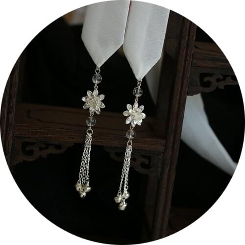 Chinese Clothing Antique Style Ancient Costume Solid White Maid Chiffon Lotus Tassels Bell Hair Band Headdress Headband