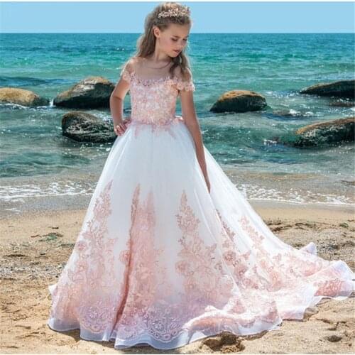 Luxury Girls Dresses Crystals Beading Applique Lace Ball Gown Flower Girl Dress for Wedding Kids Birthday Dress Custom Made
