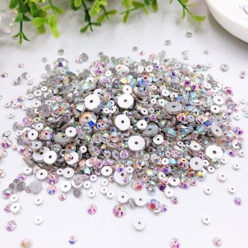 500Pcs 3/4/5/6/8mm Mix Size Round Sew On Stones Crystal Clear AB Color Flatback With One Hole Glass Sewing Crystals Dress