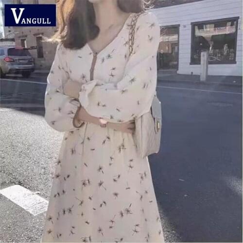Vangull Women Tulle Dress Long Sleeve Round Neck Micro Puff Sleeve Medium Casual Sweet Country 2021 Summer New Female Dress