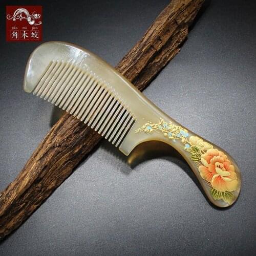TOP END Authentic Natural sheep horn comb high-quality hand-painted art fine tooth Long handle comb 687