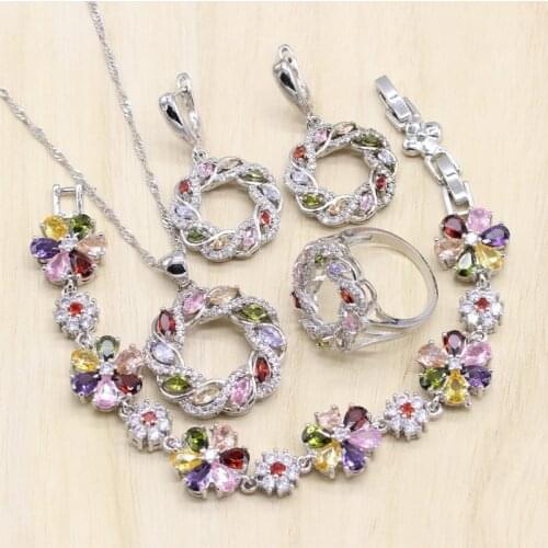 Silver Color Jewelry Multicolor Cubic Zirconia Jewelry Sets For Women Hollow Earrings/Pendant/Necklace/Ring/Bracelet