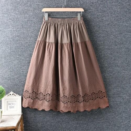 Skirts Womens Fresh Elastic Waist Hollow 2020 Autumn Embroidery Stitching Long Skirt Cotton Loose Skirt