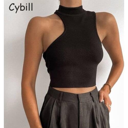 Cybill Ribbed Knitted Turtleneck Top Hollow Out Casual Off Shoulder Tops Summer Tank Top Women Solid Cropped Top