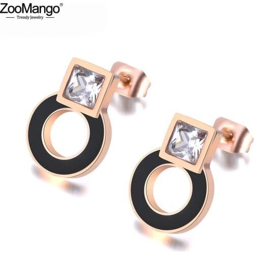 ZooMango Stainless Steel Black Acrylic Circle & Square CZ Crystal Earrings For Women Trendy Engagement Earrings Jewelry ZE19048