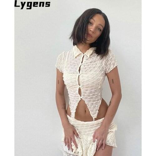 Lygens 2021 Summer Womenshort Sleeve Crop Top Turn-Down Collar Button T Shirt Mini Skirt Streetwear Party Club 2 Pieces Set