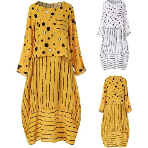 50%HOT Women Long Sleeve Polka Dot Print Large Hem Fake Two Piece Loose Maxi Dress