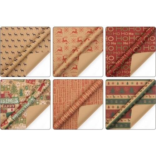 6 Sheets Christmas Wrapping Paper Kraft Paper with Tree Elk Pattern for Christmas Elements Collection Gift Packaging