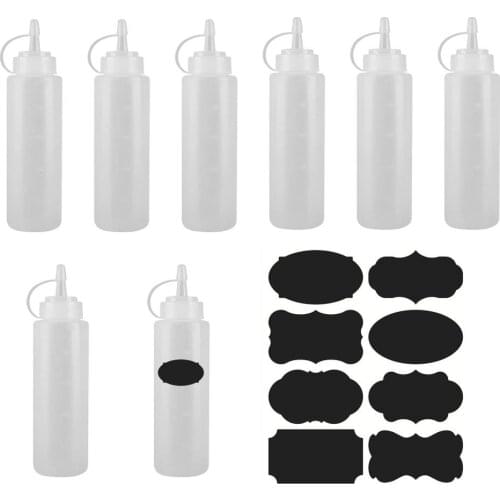 8PC 240ml Squeeze Bottle With 8 Labels/lid Vinegar Sauce Ketchup Liquid Condiment Storage Jug Kitchen Seasoning Nozzle Bottle