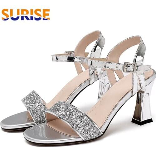 Silver Bling Women Sandals Gold Sequined Cloth High Chunky Heels Casual Office Lady Open Toe Mirror PU Ankle Strap Summer Shoes