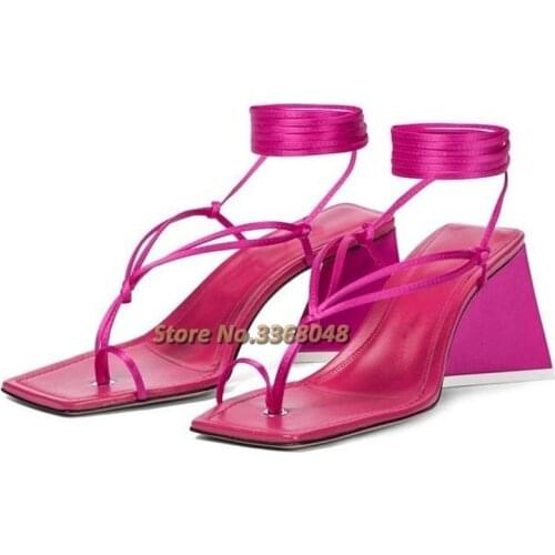 Square Toe Lace Up Sandals Block Heel Rosy Red Whtie Dress Women Shoes Stylish Fashion European Chunky Heel Dress Shoes