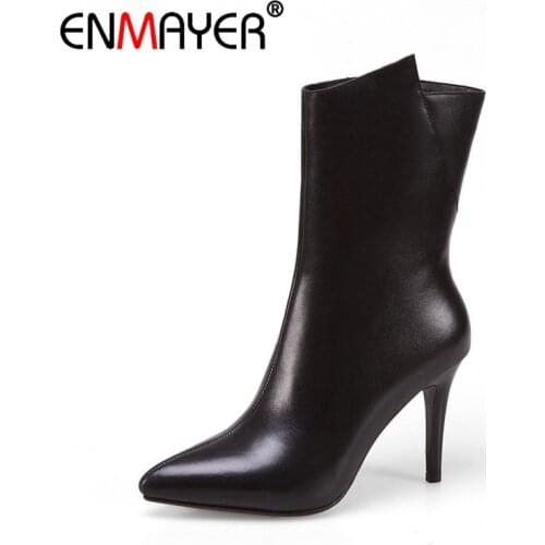 ENMAYER NEW 2020 fashion genuine leather boots with zipper pointed toe thin heels ankle boots black red white women boots CR897