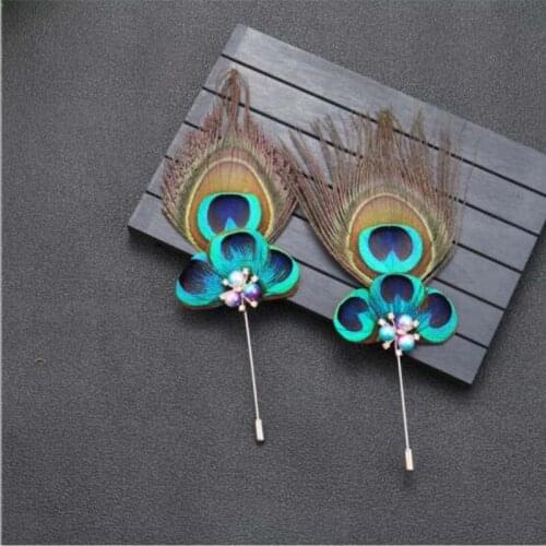 6Pcs/Lot Feather Corsage Groom groomsman Wedding party Best Man suit peacock Feather Boutonniere For Guy pin Wedding Flowers