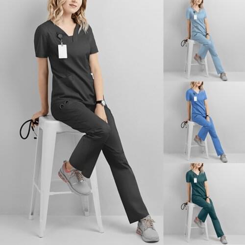 Clinical Uniforms Woman 2021 Ladies V-neck Solid Color Short-sleeved Pocket Carer Suit And Set Plus Size odzież medyczna damska