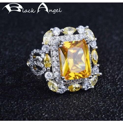 BLACK ANGEL Imitation Citrine Color Treasure Ring Micro Inlaid Luxury Princess Square Yellow Gemstone Open Ring Silver Jewelry