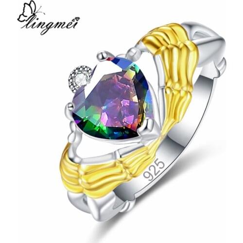Lingmei Wedding Engagement Exquisite Heart Cut Multi & White & Red Zircon Silver Color Claddagh Ring Size 6-9 Jewelry