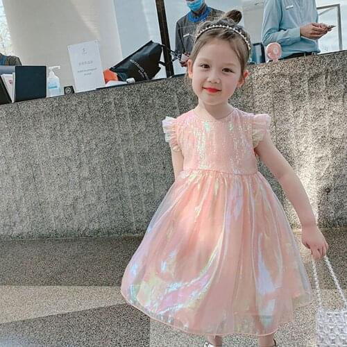 Korean Style Baby Girls Sleeveless Ruffles Dress 2021 Summer Kids Clothes Sequins Shiny Tulle Princess Dresses Children Clothing