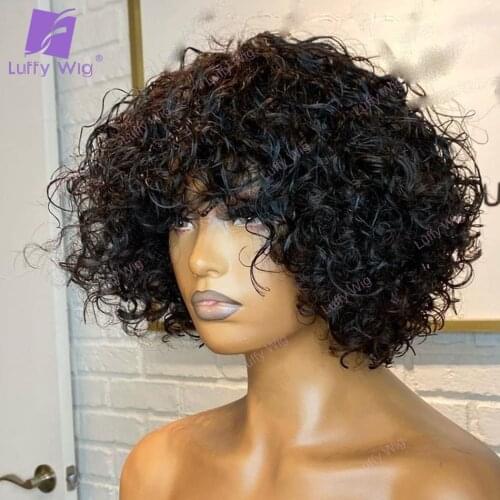 Short Curly Bob Wig With Bangs Brazilian Remy Human Hair Machine O Scalp Top Wigs 14" 200% Density For Black Women Luffywig