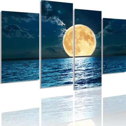 Beautiful Evening Super Moon Over Water 4 Panels Canvas Painting HD Poster Wall Art Print Picture Living Room Home Decor Frame