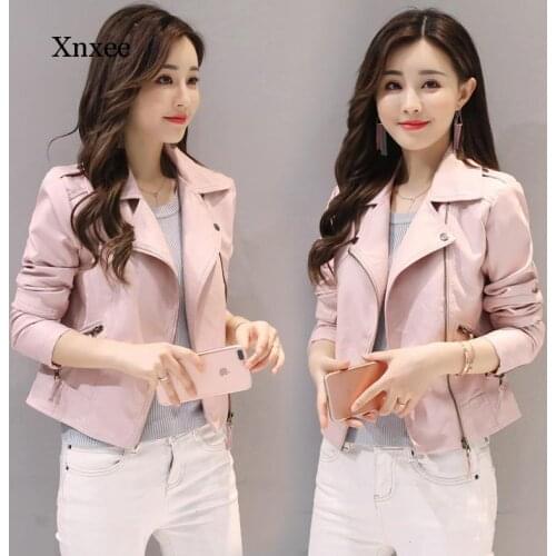 Women Jacket Spring Autumn Pink Pu Leather Coat Biker Bomber Jacket Motorcycle Faux Leather Outerwear Casual Black Jackets