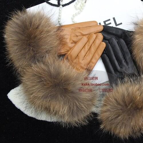 Fur New Large Raccoon Fur Gloves Cowhide Sheepskin Gloves Female Leather Gloves Plush Mouth