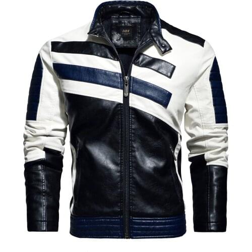Leather Striped Patchwork PU Leather Jacket Fall/Winter Slim Jacket Mens High Street Irregular Design Mens Motorcycle Jacket