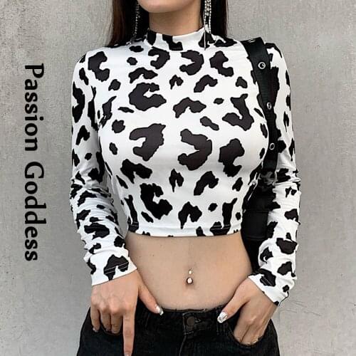 Autumn Women Cow Printed Long Sleeve Shirts Cute Girls Bodycon Cropped Shirts O-Neck Basic Shirts Harajuku Street Bottoming Tops