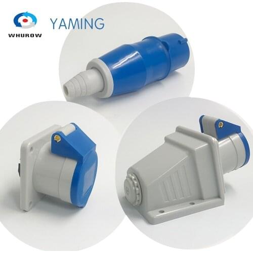 Industrial plug and socket 16A 6 pins plastic panel connector IP44 cable protected male and female surface sloping mounted