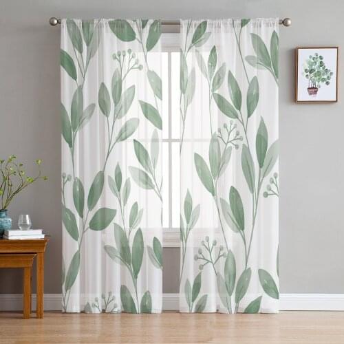 Green Watercolor Plant Leaves Sheer Curtains for Living Room Bedroom Kitchen Chiffon Tulle Curtains Home Hotel Coffee Decor
