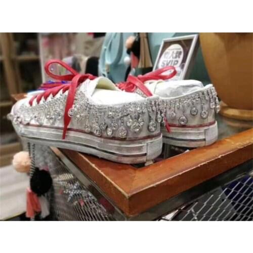 Diy Korean diamond flat shoes retro dirty shoes lace old white shoes light luxury casual style women shoes