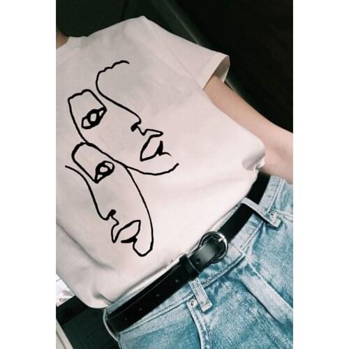 Fashion 2021 New Twin Art Line Drawing Women Aesthetic White T-Shirt Tumblr Grunge Hipsters Tee Summer Short Sleeve Vintage Tops