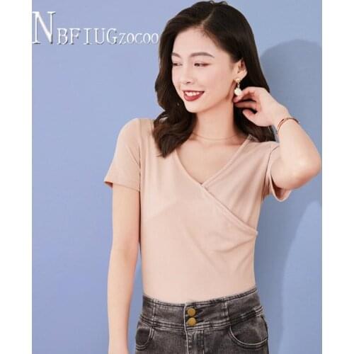 Women Korean Retro Solid Color Slim Women T Shirt Easy To Match V Neck Short Sleeve Female Tee Shirts