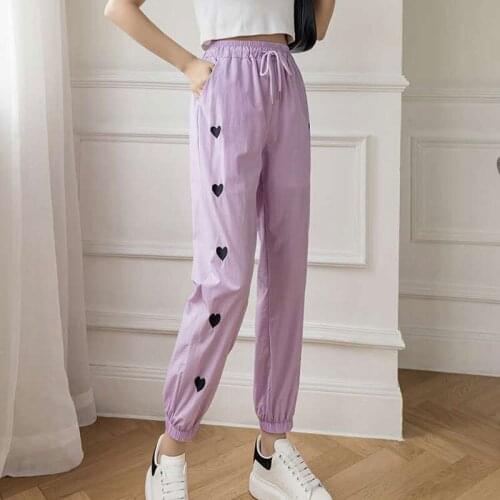 Ice Silk Elastic Waist Pants Womens 2021 Early Autumn Thin Embroidered Heart Pants Casual Versatile Ankle-length Banded Pants