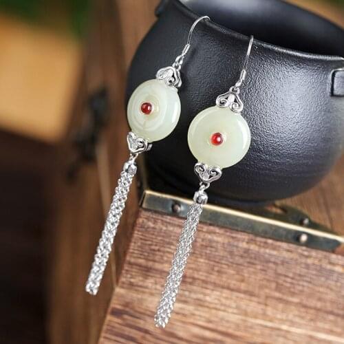 S925 sterling silver inlay and Tian Yu ladies tassel earrings retro temperament ladies earrings free shipping