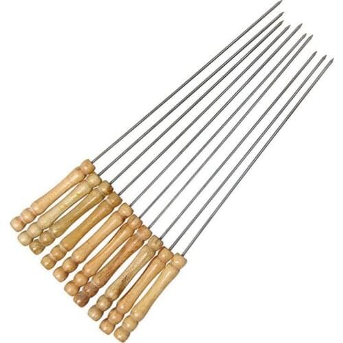 12Pcs BBQ Roasting Needle Outdoor Picnic Lamb Beef Wide Skewers Wooden Handle Roasting Fork Barbeque Accessories