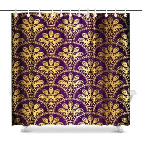 Aplysia Gold on Purple Peacock Sari Pattern Fabric Bathroom Shower Curtain Decor Set with Hooks 72 x 72 Inches