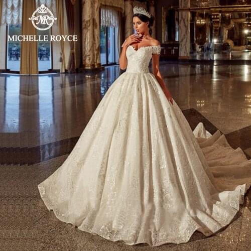 Michelle Royce Ball Gown Wedding Dresses 2020 Sexy V-Neckline Appliques Lace Up Chapel Train Bridal Gowns Vestido De Noiva